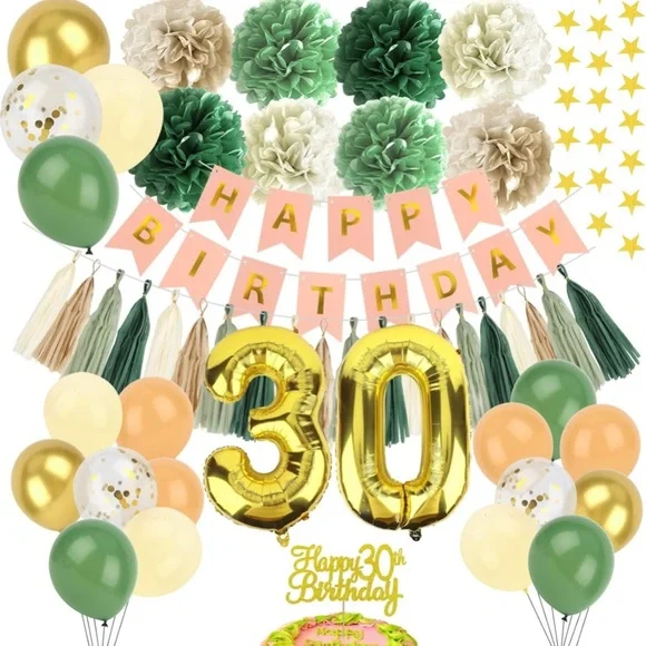 Gold and Green 30th Birthday Party Decoration Set sage balloons banners tassel