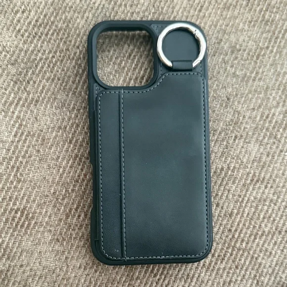Black Leather iPhone 16 Pro Max Case with Ring Holder
