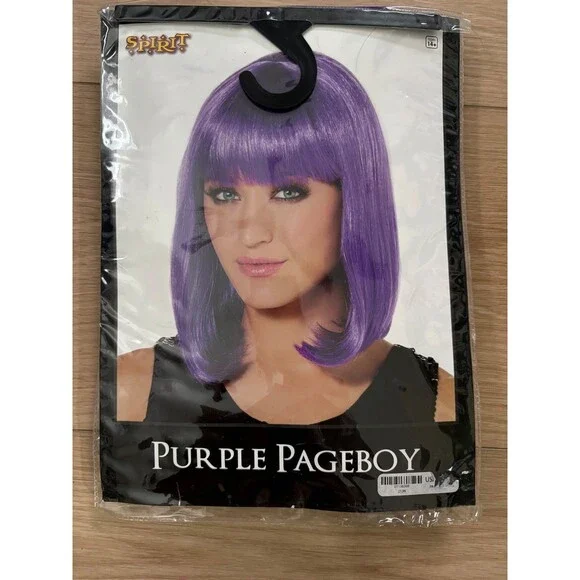 Spirit Halloween Purple Pageboy Wig With Bangs Short Bob Neon Violet Cosplay