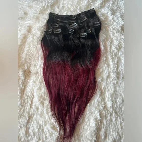 16 Inch Clip in Hair Extensions Ombre black to Burgundy