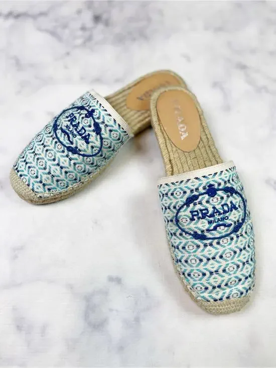PRADA Nastro Embroidered Logo Jacquard Canvas Espadrille Mules Slip-On Sz 39 / 9