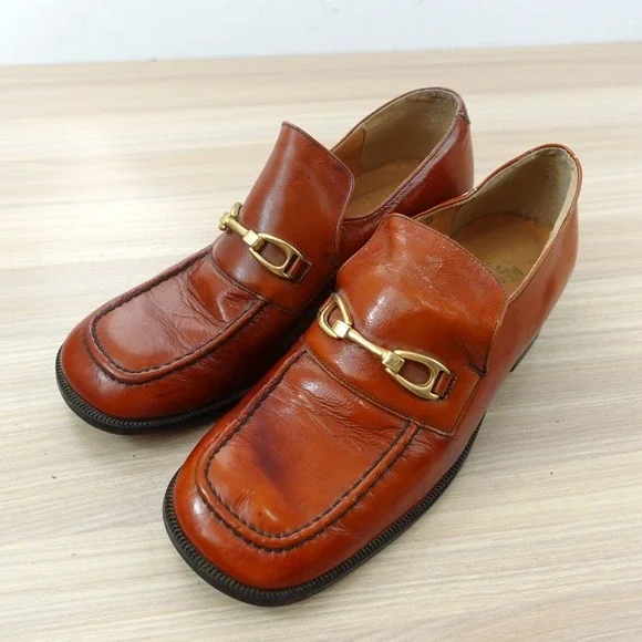 VINTAGE Italian Shoes Kids 35 2.5 Bourbon Brown Leather Horsebit Loafer‎ Formal