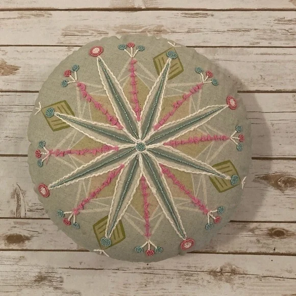 Creative Co-Op, Multicolor Round Cotton Embroidered Pillow With Snowflake/Beads