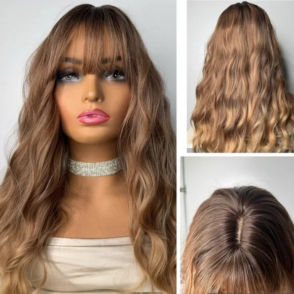 Long Wavy Synthetic Wig w/ Curtain Bangs – Mocha Brown Balayage – Natural Waves
