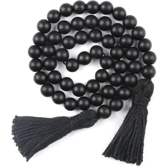Black Wood Tassels Rustic Prayer Beads Boho Beads for Home Wall Hanging Decor