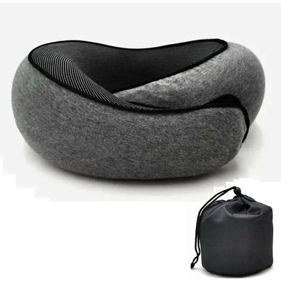 Travel Neck Pillow Snail Shape Memory Foam Gray With Travel Bag New