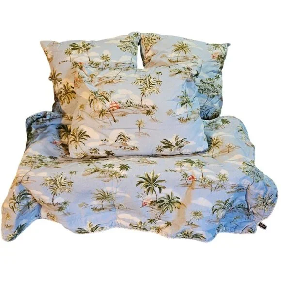 5 pc King Bed Sham Set Tropical Palm Fashion On 5th Cotton Light Blue Green Read