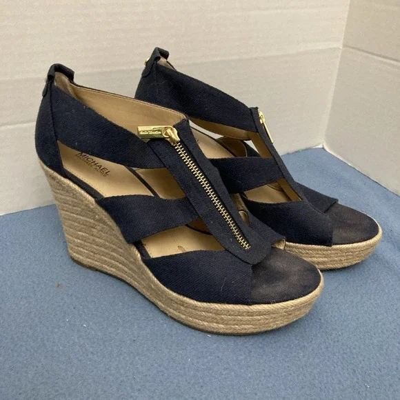 Michael Michael Kors Women's Blue Canvas Damita Espadrilles Wedge Sandals - 8.5M