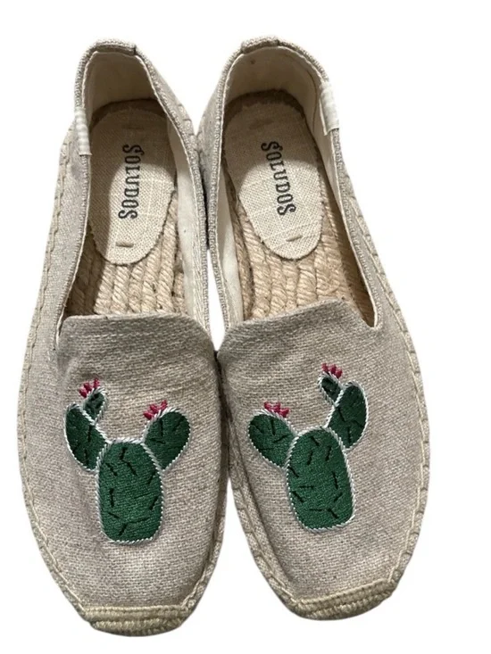 Soludos Natural Espadrille Slip-Ons with Green Cactus Embroidery