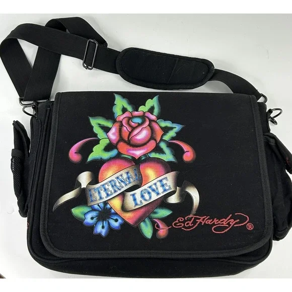 Ed Hardy by Christian Audigier Blk Large Messenger Laptop Bag 