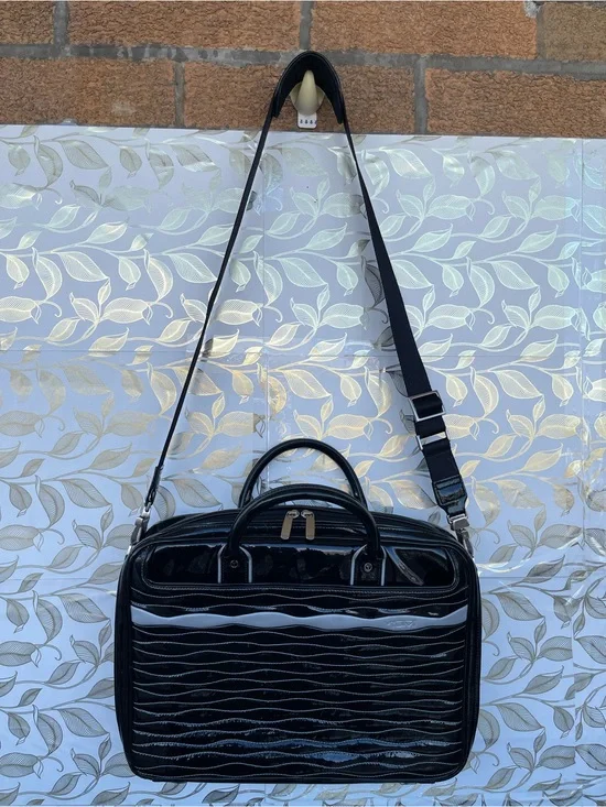 Tumi Black Patent Leather Laptop Briefcase Bag Wave Quilted Retro Whimsigoth Y2K