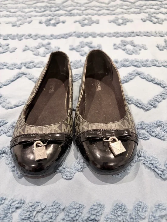 Michael Kors Black Logo Ballet Flats with Silver Lock Accent