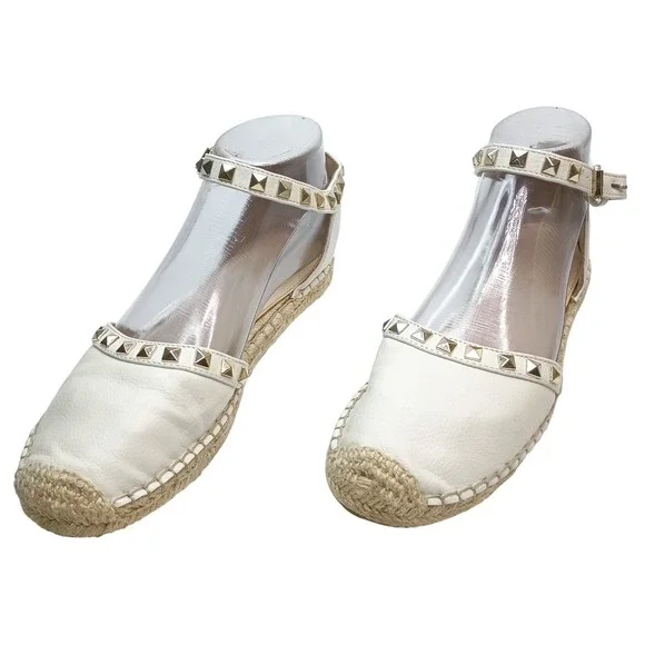 Marc Fisher Womens 7.5 M White Studded Espadrille Flats Ankle Strap Shoe