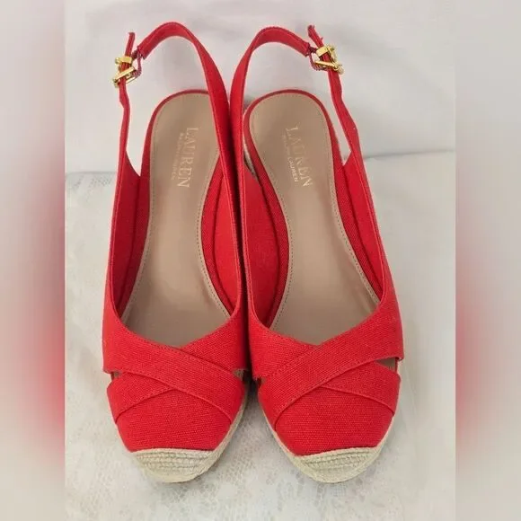 Lauren Ralph Lauren Red Slingback Espadrille Wedges New