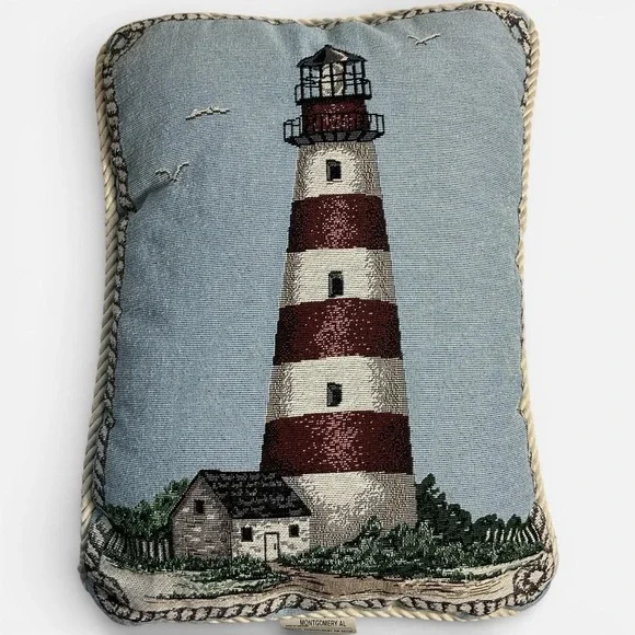 Woven Lighthouse Ropes Sea Shore Blue Tapestry Pillow 17