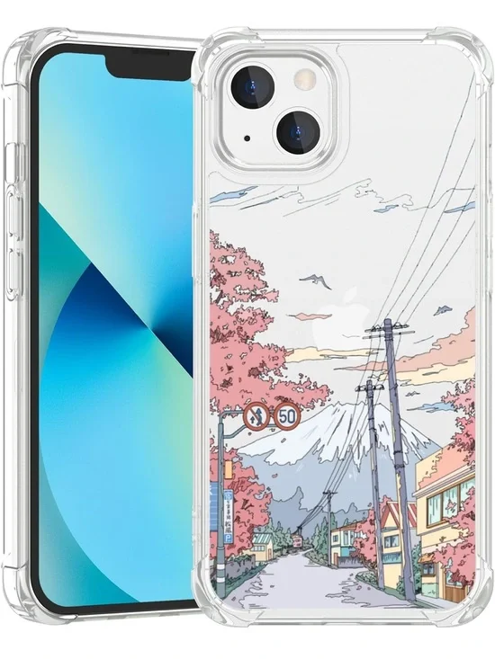 TRADAY Anime Phone Case for iPhone 13 Mini Clear Cherry Blossom Street