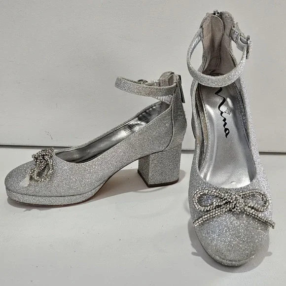 Nina Dress Shoes Girls 2M Silver Glitter Rhinestone Bow Block Heel Special Event
