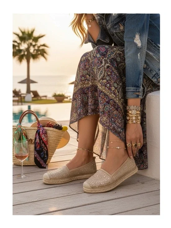 Stuart Weitzman ☀︎︎ Rockon Stud Flat Espadrilles ☀︎︎ Natural Gold Leather ☀︎︎ 9M
