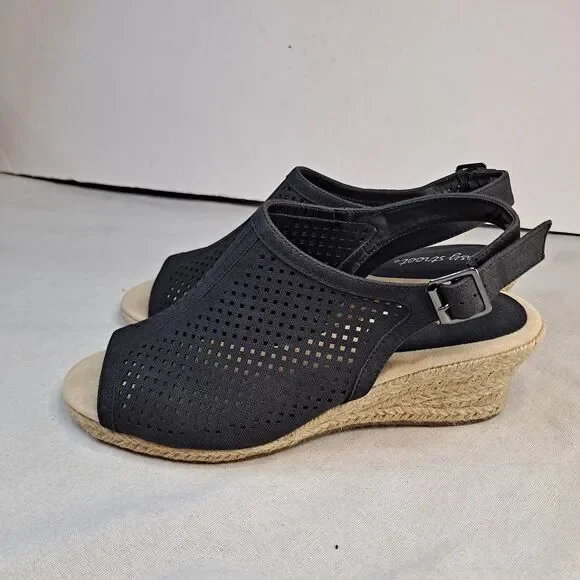 Easy Street Women's Stacy Espadrille Sandals Size 9.5W Black Perforated Wedges