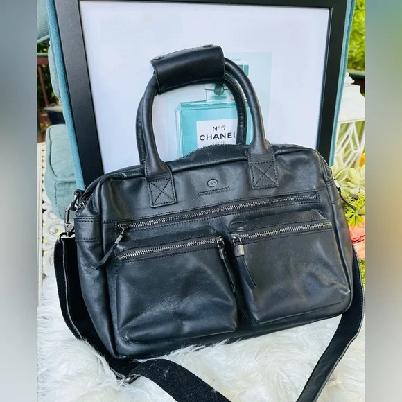 Micmacbags Black Cowhide Handmade Leather Bag with removable shoulder strap