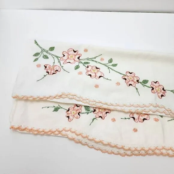 2 Vintage Matching White Pillowcases with Crocheted Edges and Embroidery