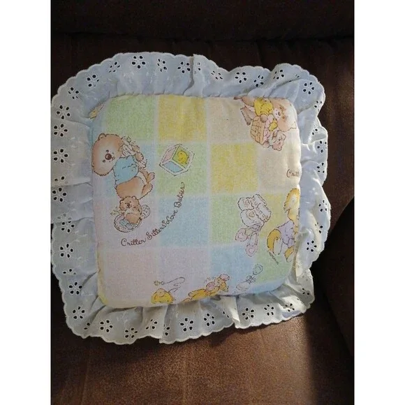 Critter Sitters Love Babies Vintage Handmade Baby Pillow Lace Trim 9