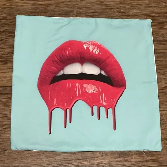 NWOT Red Melting Lips on Blue Background Pillowcase