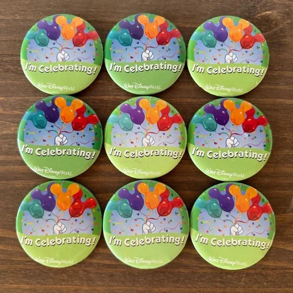 9pc Vintage Disney World I'm Celebrating Balloon Button Pins Lot of 9