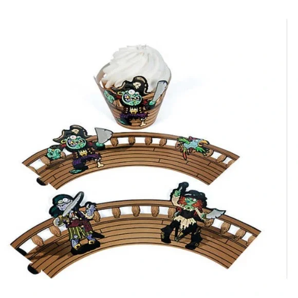 24 Pcs ZOMBIE PIRATE CUPCAKE WRAPPERS‎ Collars Halloween Birthday Decorations