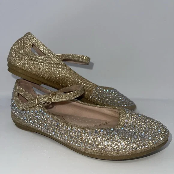 Girls Size 1 Gold Rhinestone‎ Encrusted Glittery Mary Jane Flat Dress Shoes