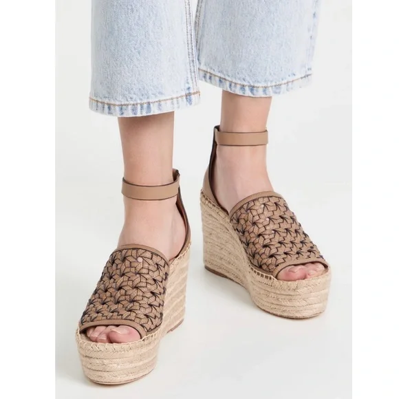 Tory Burch Basketweave Espadrille Ankle Strap Wedges Leather, NWT, Size 10