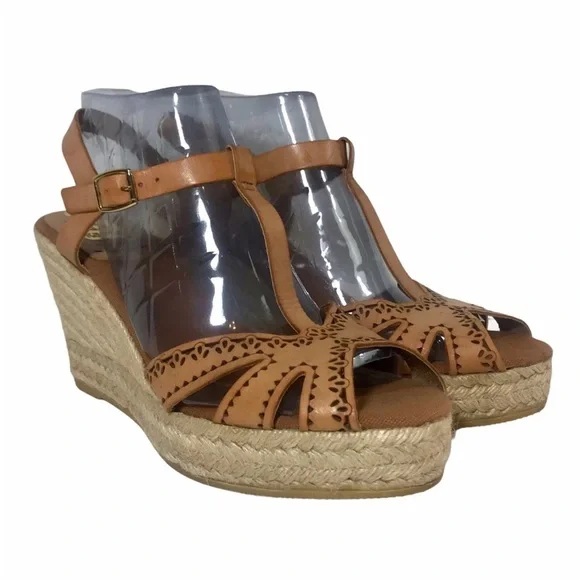 KANNA Women’s 39/8.5 T-Strap Slingback Espadrille Wedge spanish tooled Leather