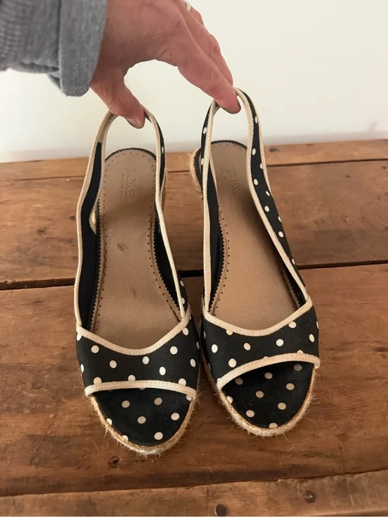 J. Crew Polka Dot Slingback Espadrille Wedges - Black/Cream