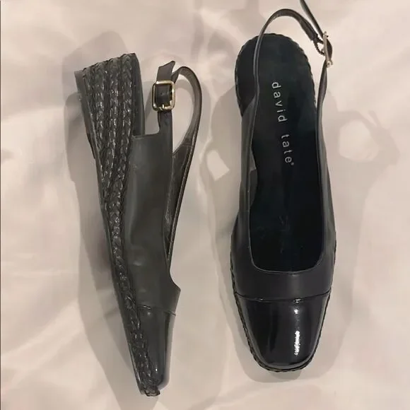 DAVID TATE BLACK LEATHER SLINGBACK ESPADRILLES. NEW
