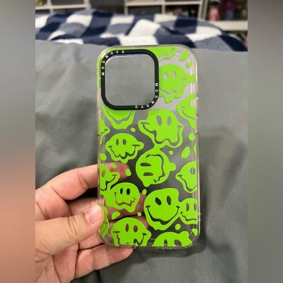 Mosnovo iPhone 14 Pro phone case lime green smiley faces