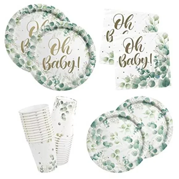 Sage Greenery Baby Shower Party Supplies Disposable Plates Cups Napkins Boho