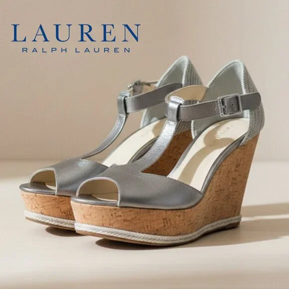 Lauren Ralph Lauren Silver Metallic Cork Wedge Sandals 9.5B T-Strap Espadrille