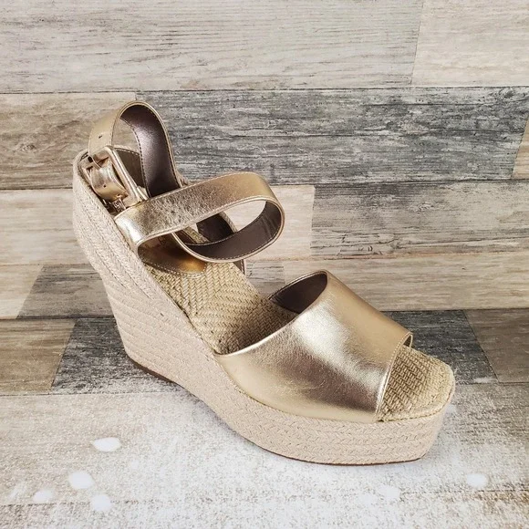 Sam Edelman Vada Women Espadrille Sandal Sz 9.5 Gold Leaf Ankle Strap Wedge Heel