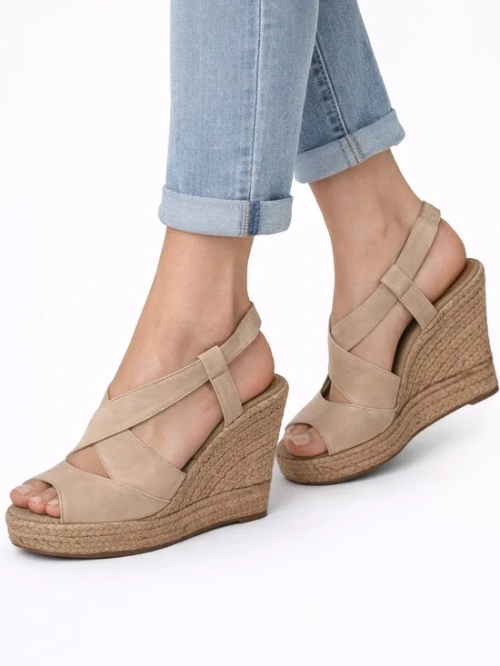 Kanna Espadrille Wedge Sandals Beige Leather Slingback Platform 40