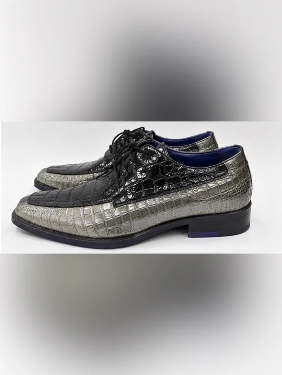 Roberto Chillini Croc-Embossed Leather Dress Shoes - Black & Silver Size 11