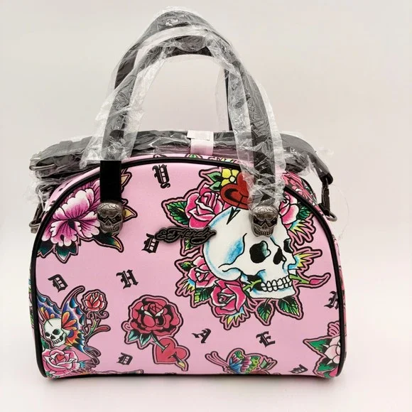 Ed Hardy‎ Pink Skull Roses Butterflies Lunch Tote Insulated Thermal Lining