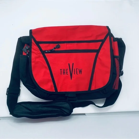 NWT The View Messenger Bag With Rosie O’Donnell Autograph on back Red and Black.