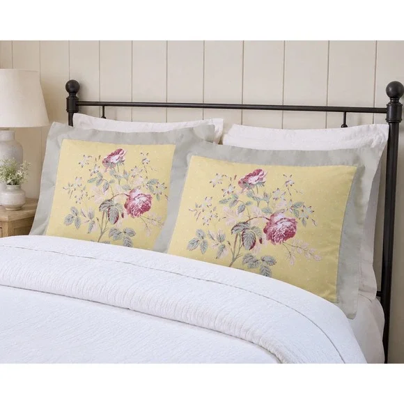 Pair Cottage Floral Full Size Pillow Shams Yellow Rose Sage Green Traditional