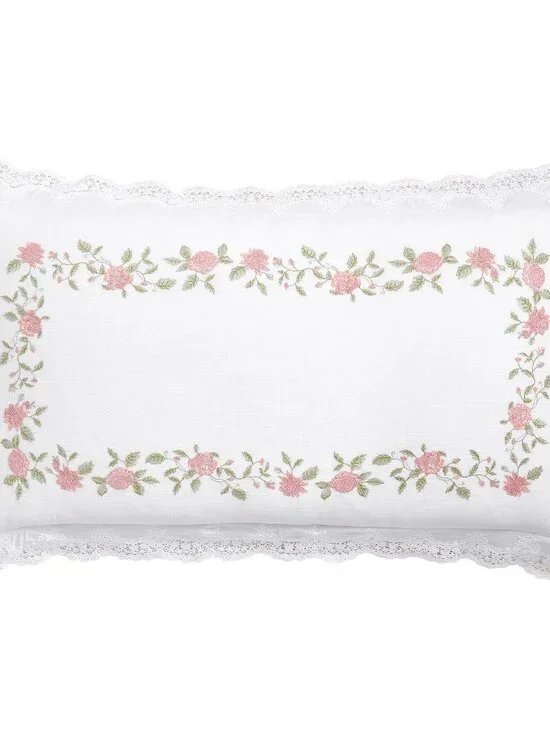 LoveShackFancy Pink Embroidered Rose KING Pillow Sham Cover Floral Lace Trim NEW