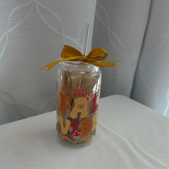 Fall Vibes plastic Jar with Straw and Bow