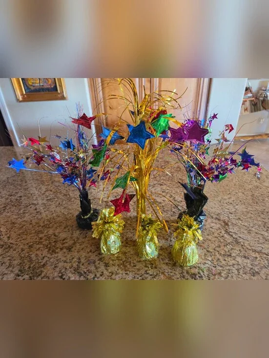 Party Pack Festive Multicolor Star Foil Table Decorations Gold Weights Bases EUC