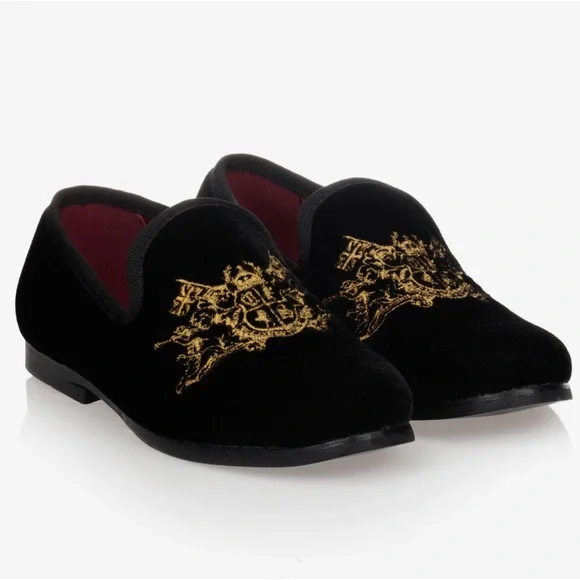ROMANO BLACK VELVET EMBROIDERED GOLD CREST SLIP ON DRESS SHOES SIZE EU24/7