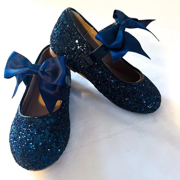 Navy Blue Rock Glitter Mary Jane Flats Toddler Girl Bow Dress Shoes
