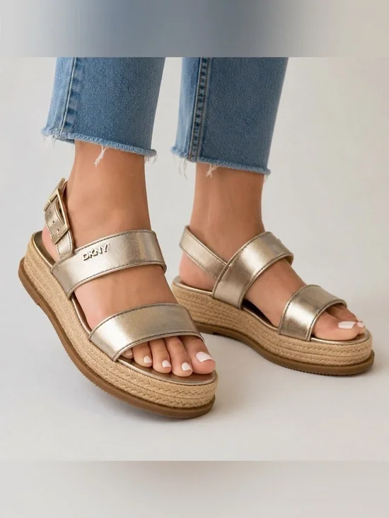 DKNY Metallic Champagne Bernae Slingback Platform Sandals with Ankle Strap NIB