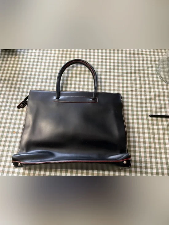 Lodis Black Leather Laptop Tote with Red Piping